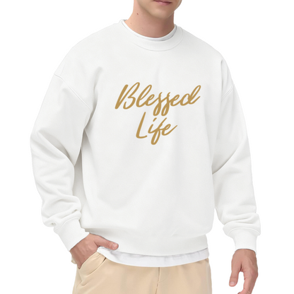 Blessed Life Gold Script Calligraphy Crewneck Sweatshirt | Inspirational Gratitude Quote Pullover, Spiritual Gift Top