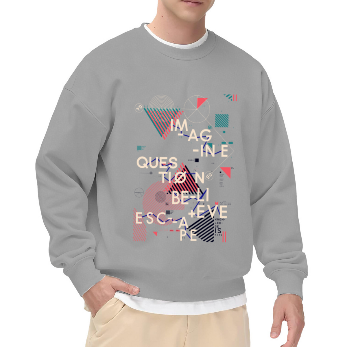 Imagine Question Believe Escape Geometric Crewneck Sweatshirt | Abstract Split Typography Pullover, Modern Design Streetwear Top