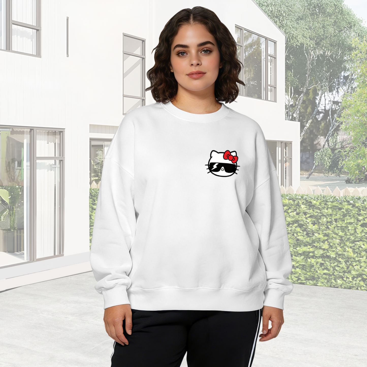 Cool Sunglasses Hello Kitty Minimal Chest Print Crewneck Sweatshirt