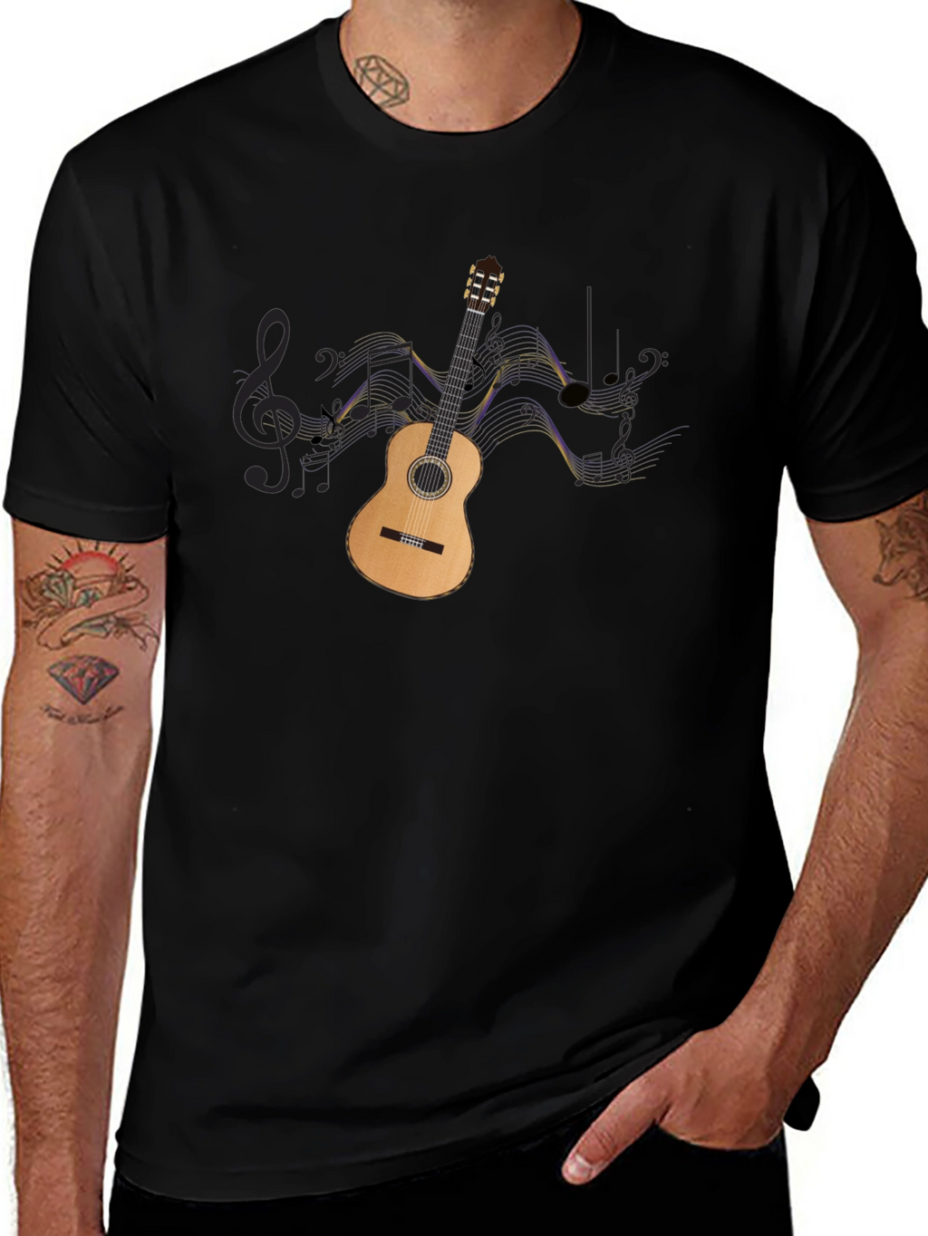 Guitar & Music Notes Graphic Black Tee