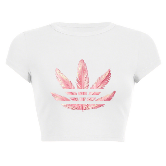 Pastel Pink Feather Logo White Slim Crop Tee ¨C Soft Aesthetic Street Top 16.