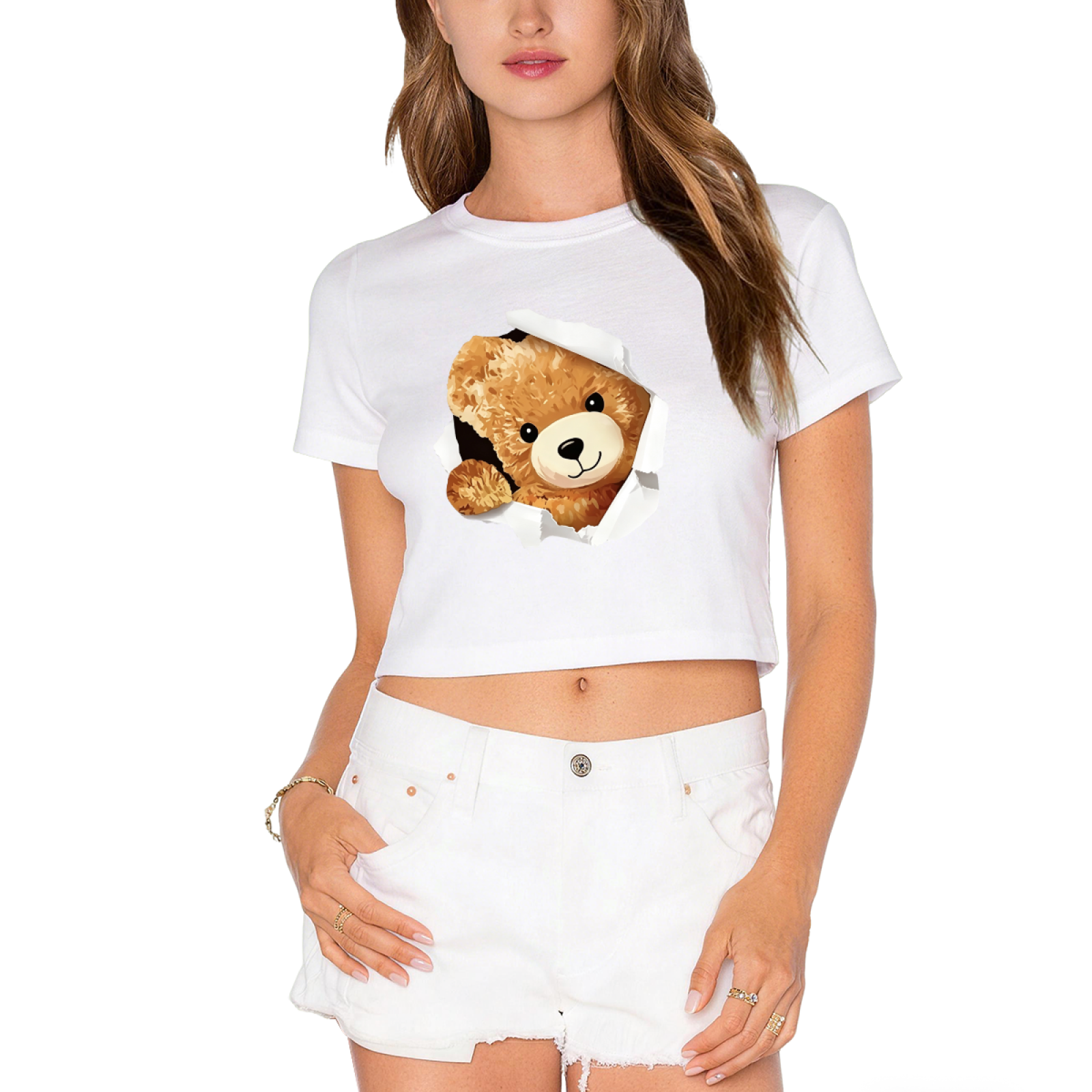 Torn Paper Teddy Bear White Crop Top ¨C Adorable 3D Bear Print  Tee