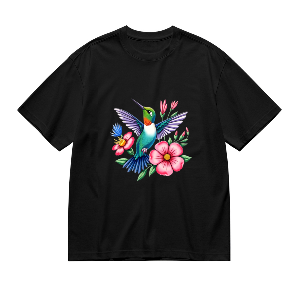 Vibrant Floral Hummingbird Nature Art Tee