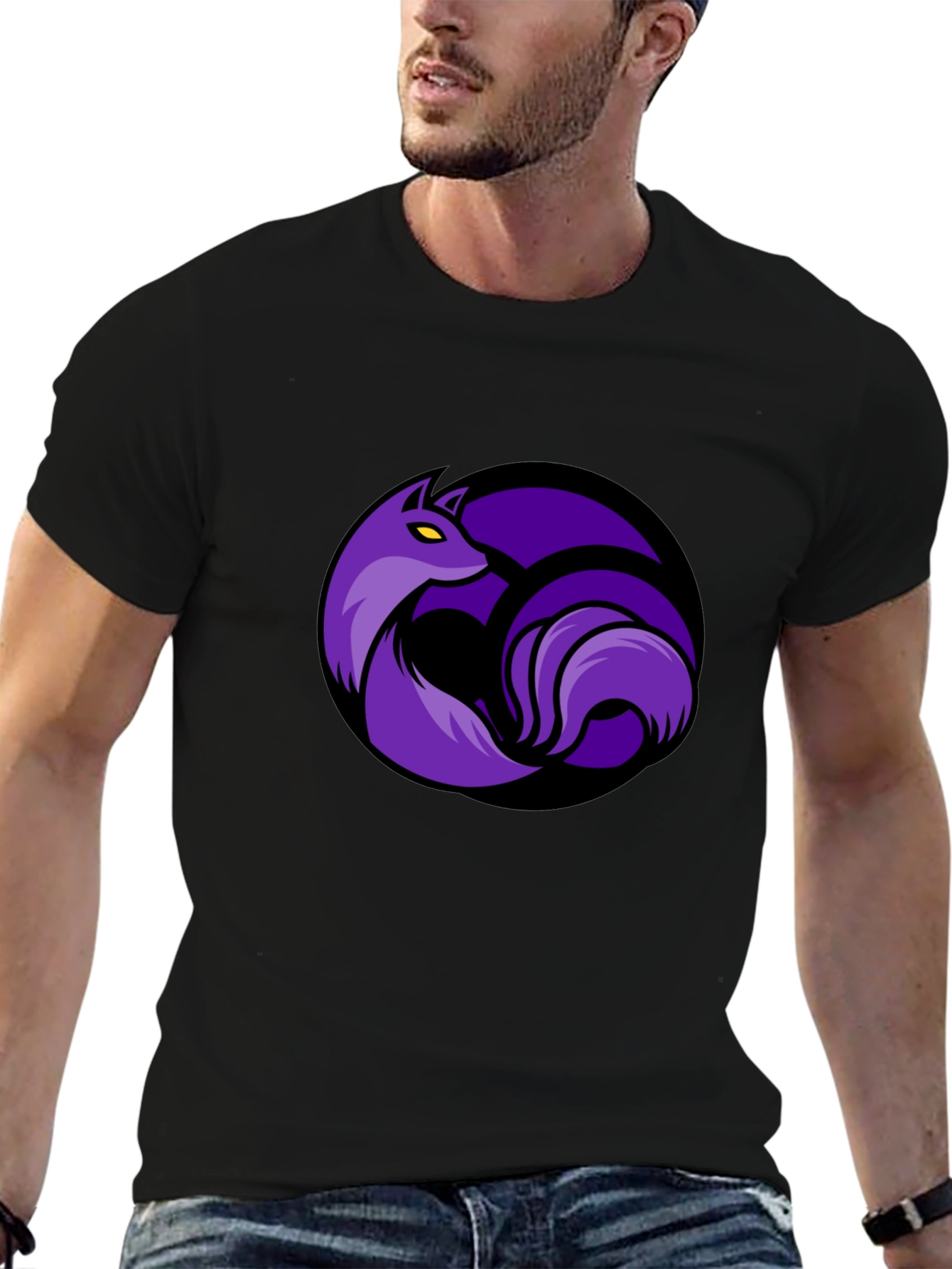 Black T-Shirt with Purple Fox Circle Graphic