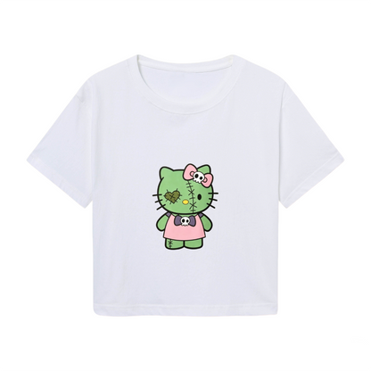 Spooky Zombie Hello Kitty Unique Graphic Cropped Top Cool Y2K Tee