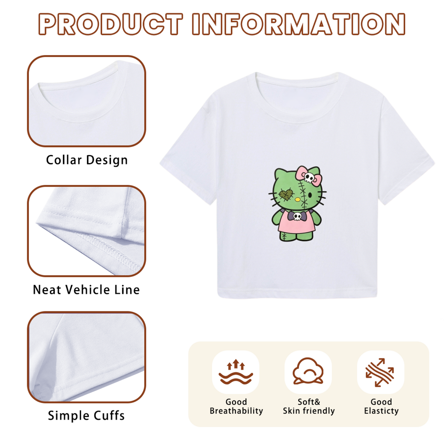 Spooky Zombie Hello Kitty Unique Graphic Cropped Top Cool Y2K Tee