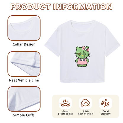 Spooky Zombie Hello Kitty Unique Graphic Cropped Top Cool Y2K Tee