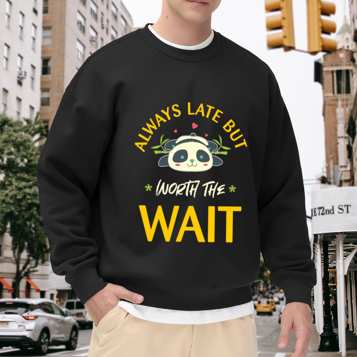 Always Late But Worth The Wait Panda Crewneck Sweatshirt, Cute Cartoon Panda Pullover, Funny Gift