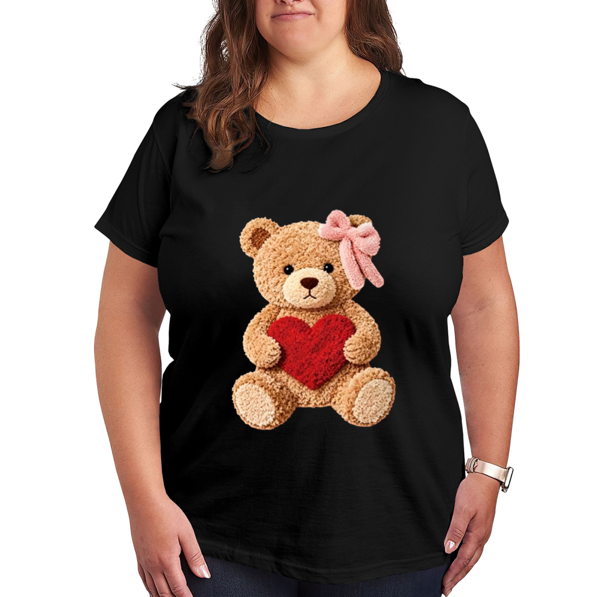 Fluffy Teddy Bear Holding Red Heart Coquette Tee
