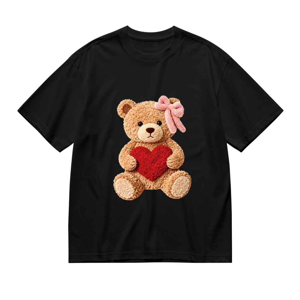 Fluffy Teddy Bear Holding Red Heart Coquette Tee