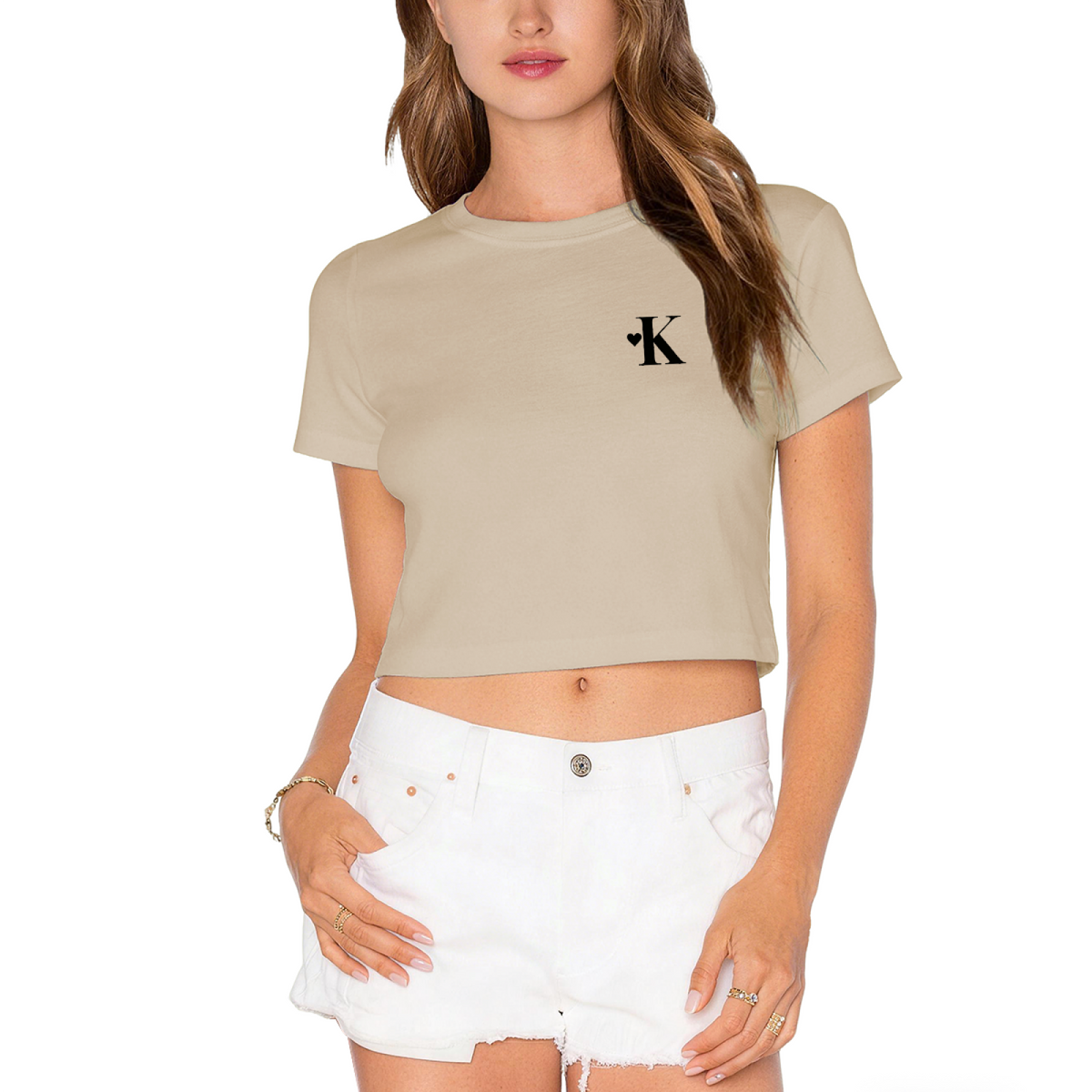 Lime Green Tiny K Letter Heart Crop Tee Cute Minimal Initial Graphic Top