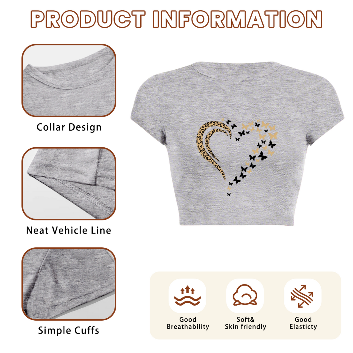 Leopard Butterfly Hollow Heart Girly Grey Crop Top