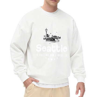 Seattle Is Calling And I Must Go Crewneck Sweatshirt with Space Needle and Ferry Print