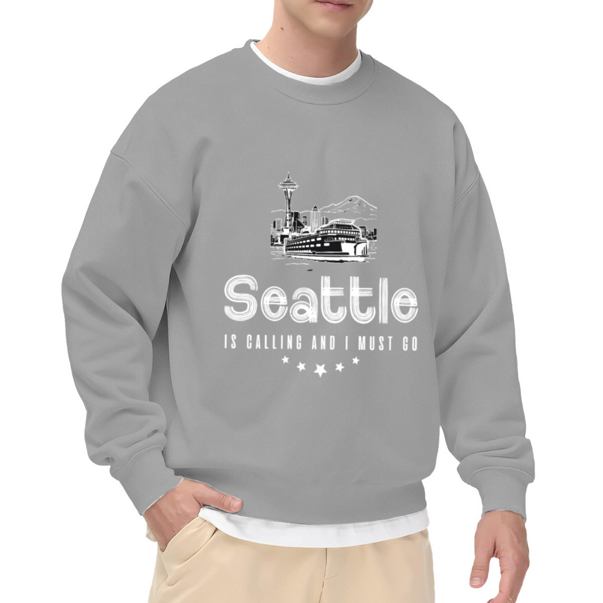 Seattle Is Calling And I Must Go Crewneck Sweatshirt with Space Needle and Ferry Print