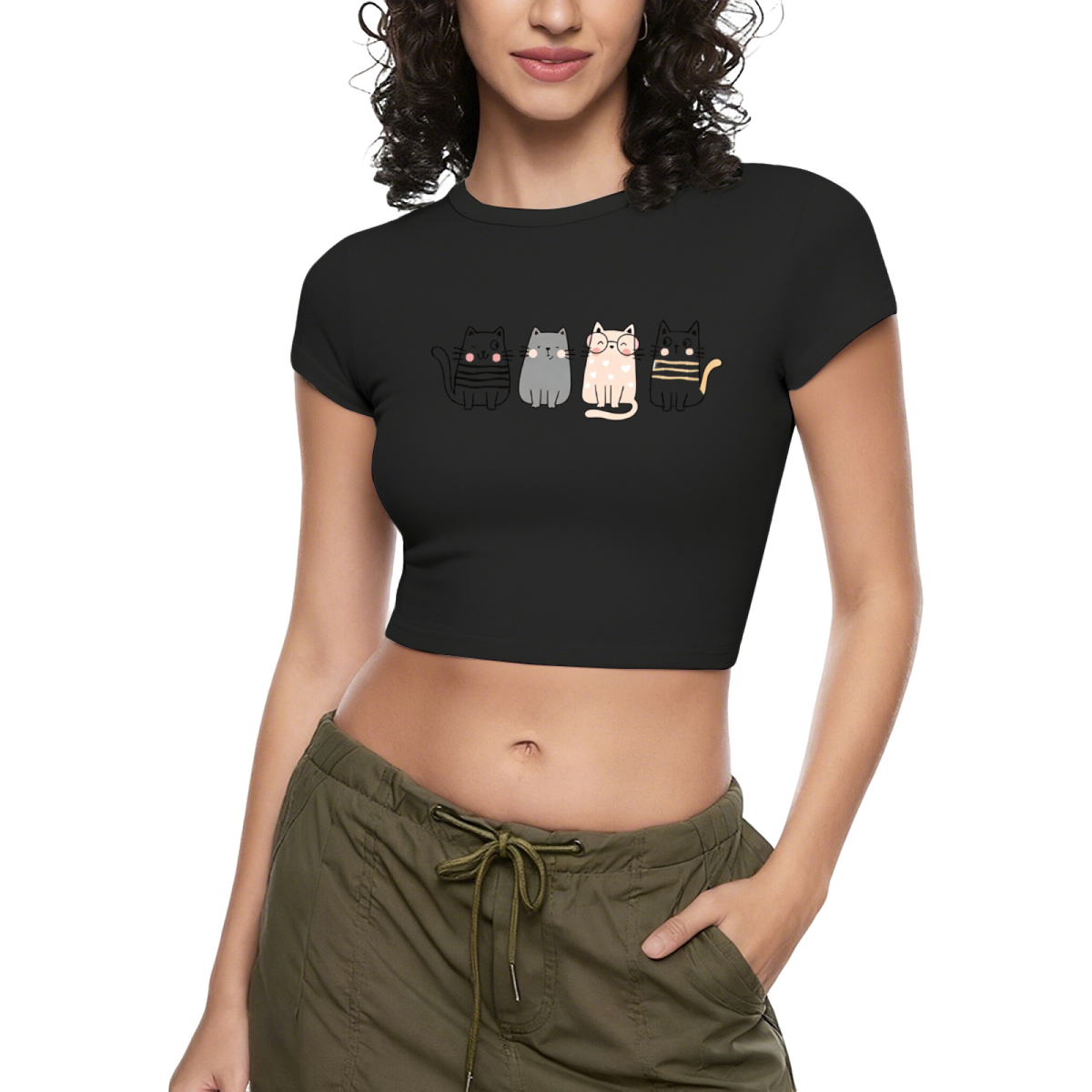 Four Lovely Cartoon Kittens Heather Grey Crop Top ¨C Soft Kawaii Daily Tee 5.