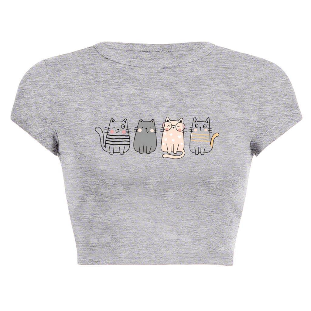 Four Lovely Cartoon Kittens Heather Grey Crop Top ¨C Soft Kawaii Daily Tee 5.