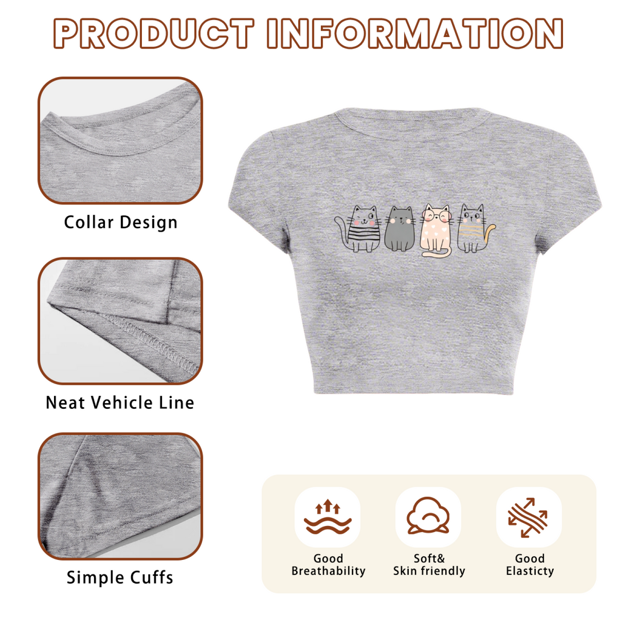 Four Lovely Cartoon Kittens Heather Grey Crop Top ¨C Soft Kawaii Daily Tee 5.