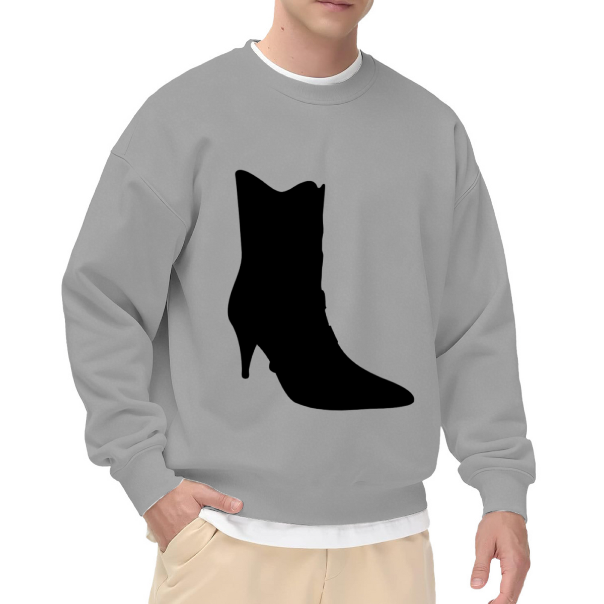 Sleek Black High Heel Boot Silhouette Design Crewneck Sweatshirt, Chic Footwear Fashion Graphic