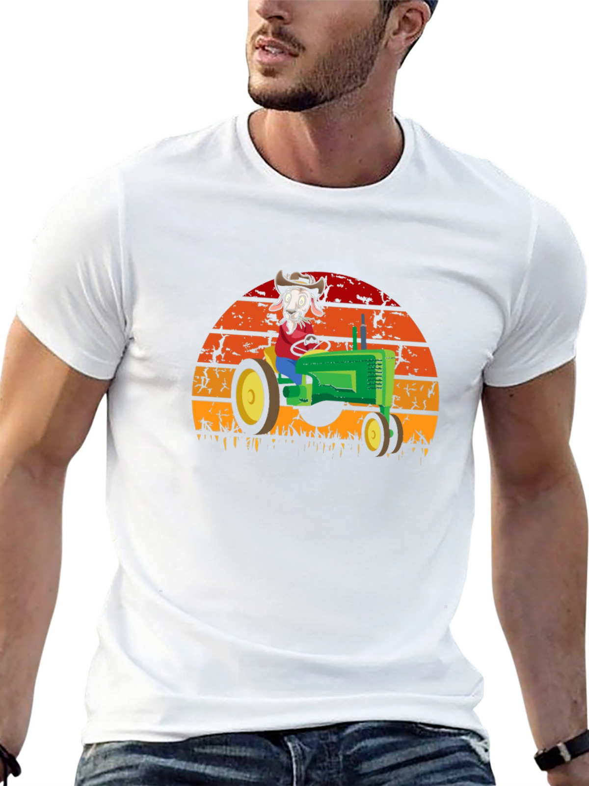 Funny Goat Farmer T-Shirt - Tractor Sunset Design