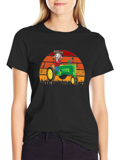 Funny Goat Farmer T-Shirt - Tractor Sunset Design