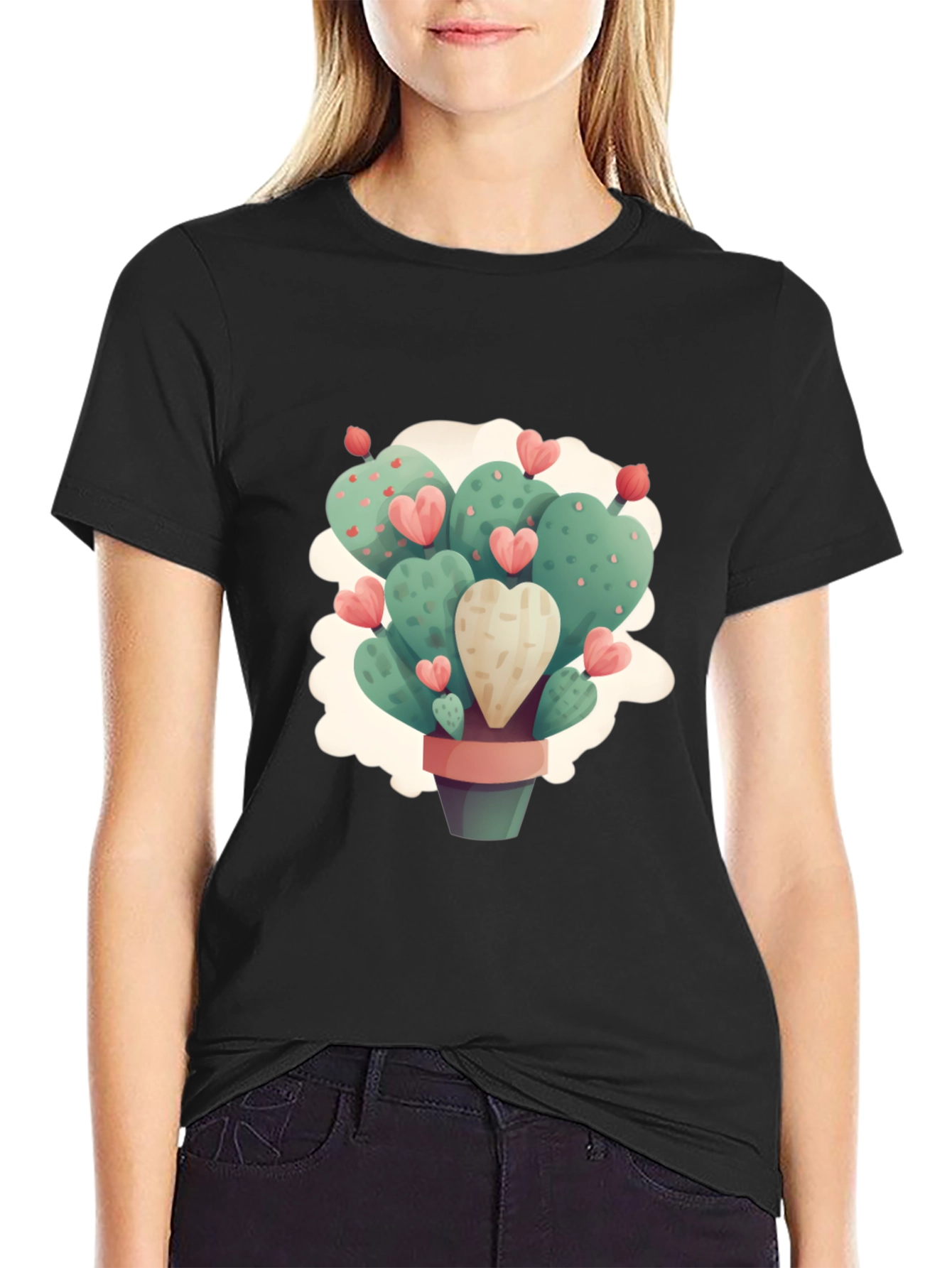 Heart Cactus Graphic Black T-Shirt