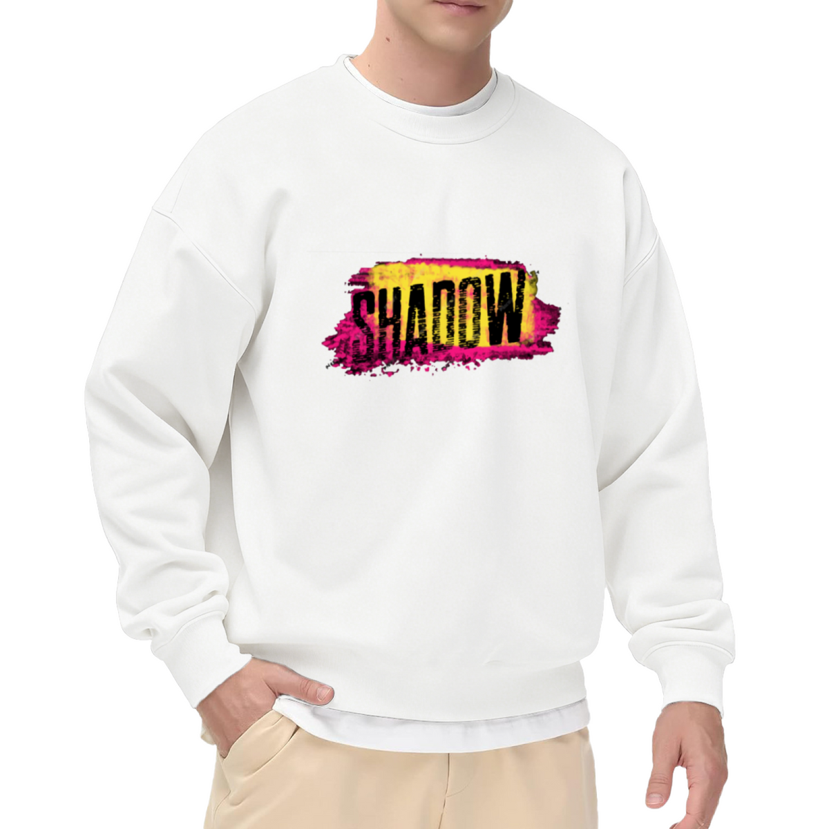 SHADOW Distressed Grunge Typography Crewneck Sweatshirt – Bold Splash Paint Graphic Streetwear Pullover for Men and Women Casual