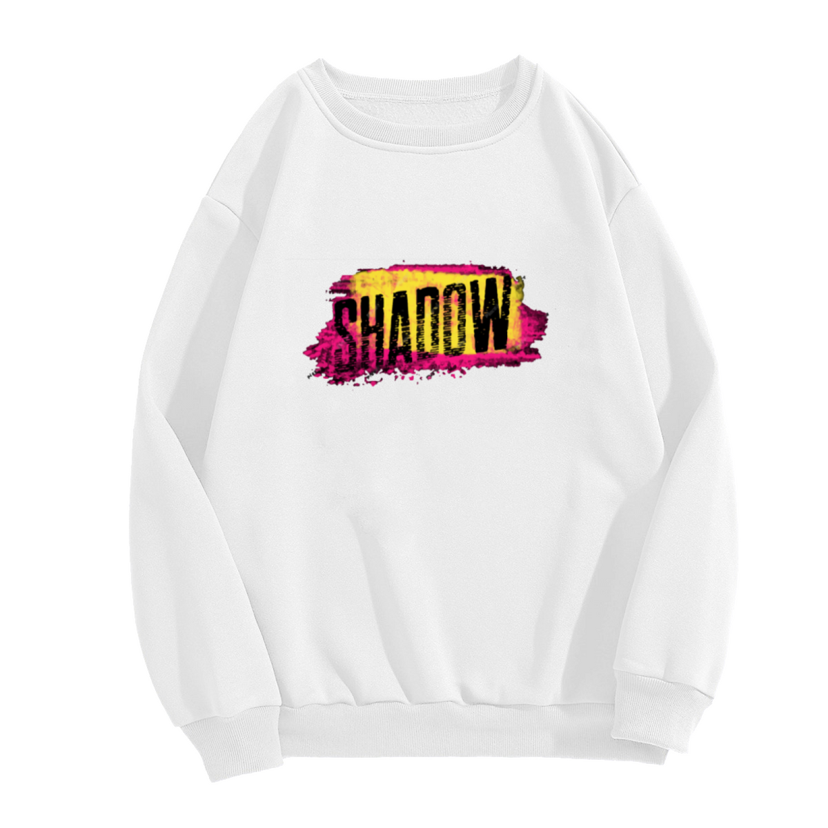 SHADOW Distressed Grunge Typography Crewneck Sweatshirt – Bold Splash Paint Graphic Streetwear Pullover for Men and Women Casual