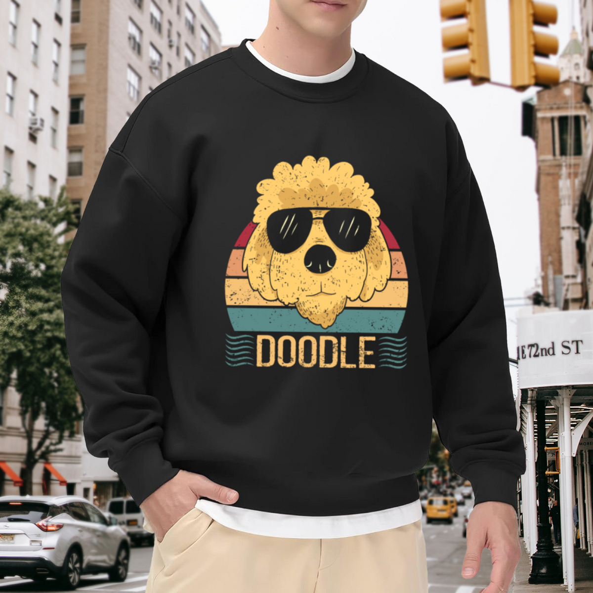 Doodle Cool Dog Retro Sunset Crewneck Sweatshirt | Funny Golden Doodle Sunglasses Graphic Pullover, Dog Lover Gift