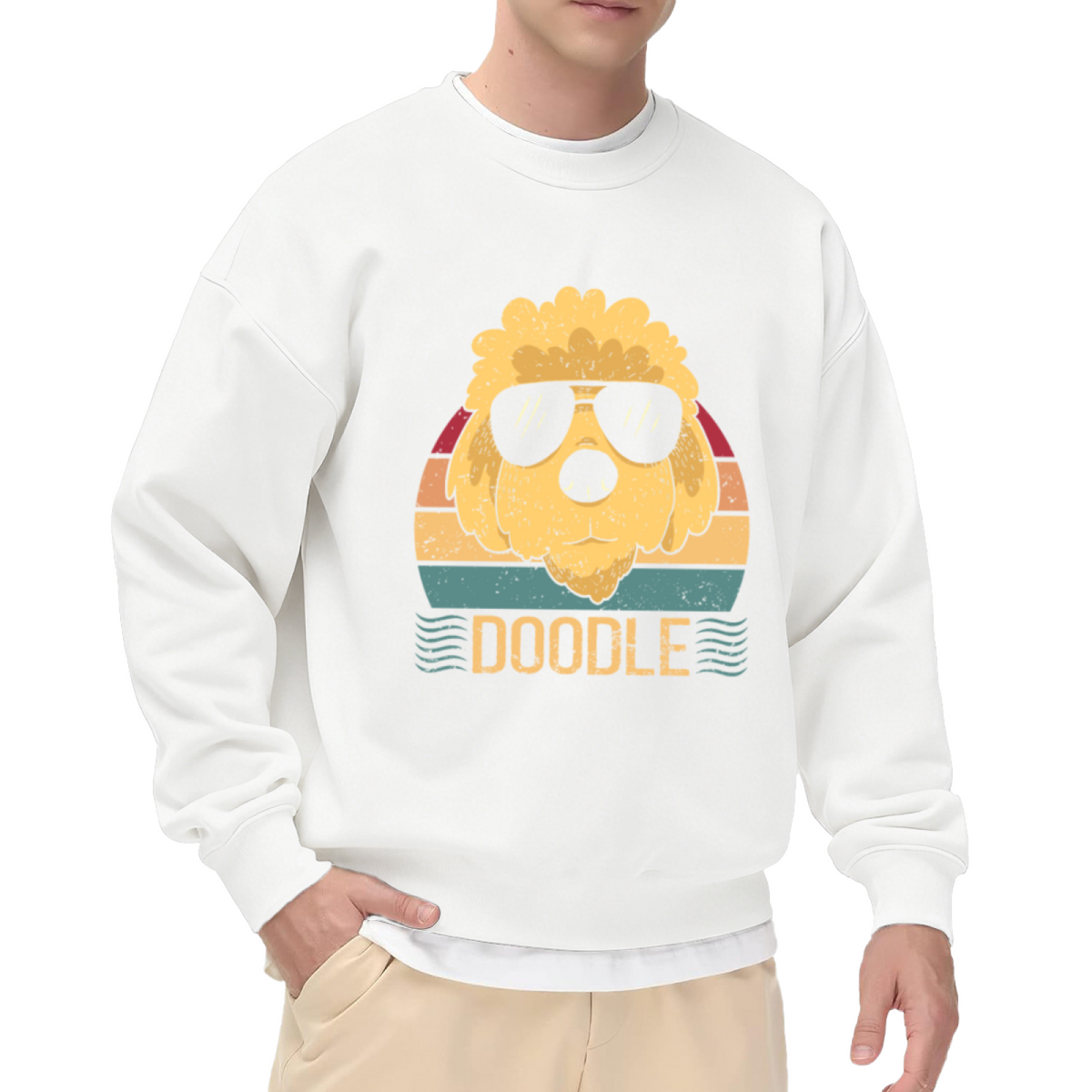 Doodle Cool Dog Retro Sunset Crewneck Sweatshirt | Funny Golden Doodle Sunglasses Graphic Pullover, Dog Lover Gift