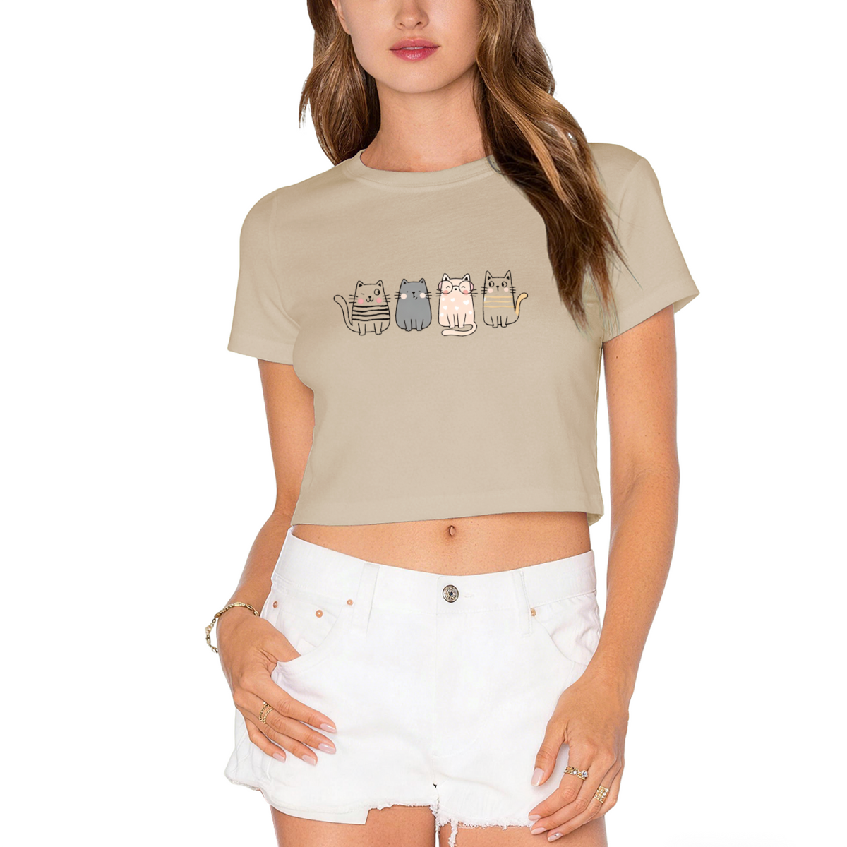 Four Cute Striped Kittens Lime Green Crop Top ¨C Kawaii Cat Mom Daily Casual Cropped Shirt