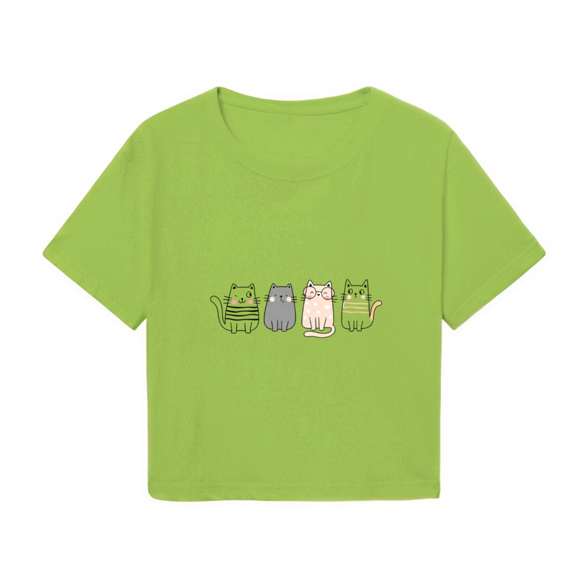 Four Cute Striped Kittens Lime Green Crop Top ¨C Kawaii Cat Mom Daily Casual Cropped Shirt