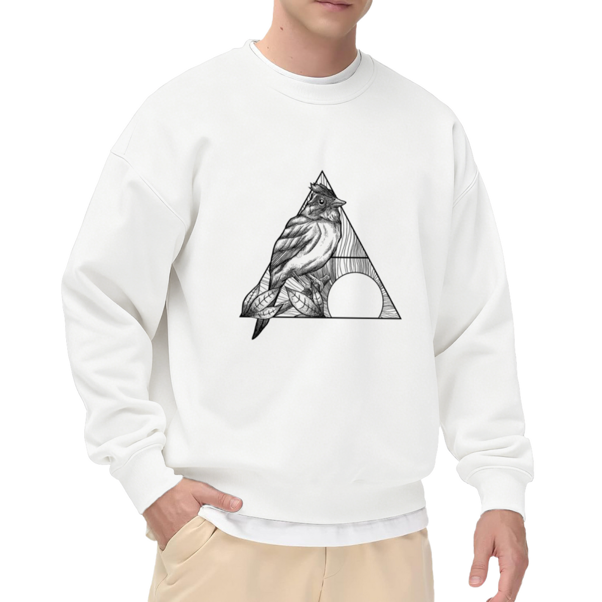 Geometric Bird Graphic Crewneck Sweatshirt with Line-Art Northern Cardinal Design
