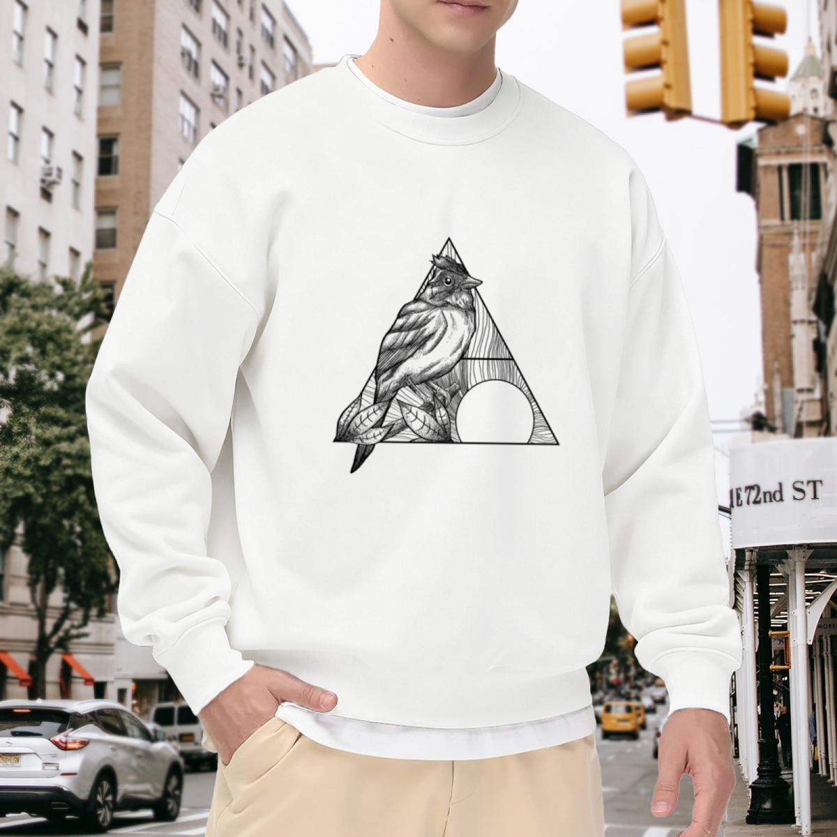 Geometric Bird Graphic Crewneck Sweatshirt with Line-Art Northern Cardinal Design