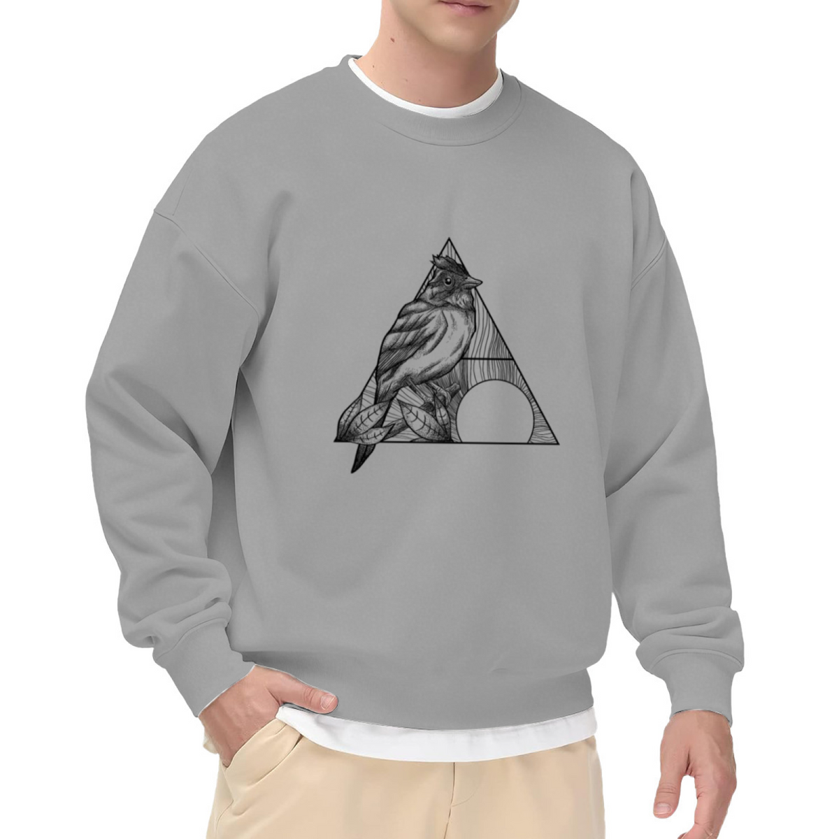Geometric Bird Graphic Crewneck Sweatshirt with Line-Art Northern Cardinal Design
