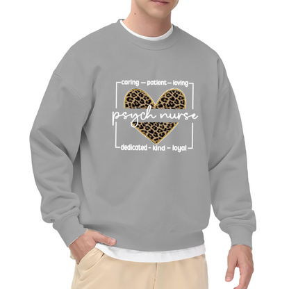 Psych Nurse Leopard Heart Crewneck Sweatshirt | Mental Health Nurse Pullover, Caring Words Graphic Top, Nurse Appreciation Gift