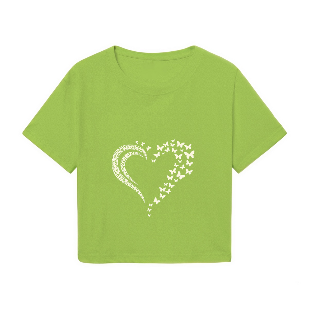Fluttering Butterfly Heart Lime Green Cropped T-Shirt ¨C Cute Nature Aesthetic Top