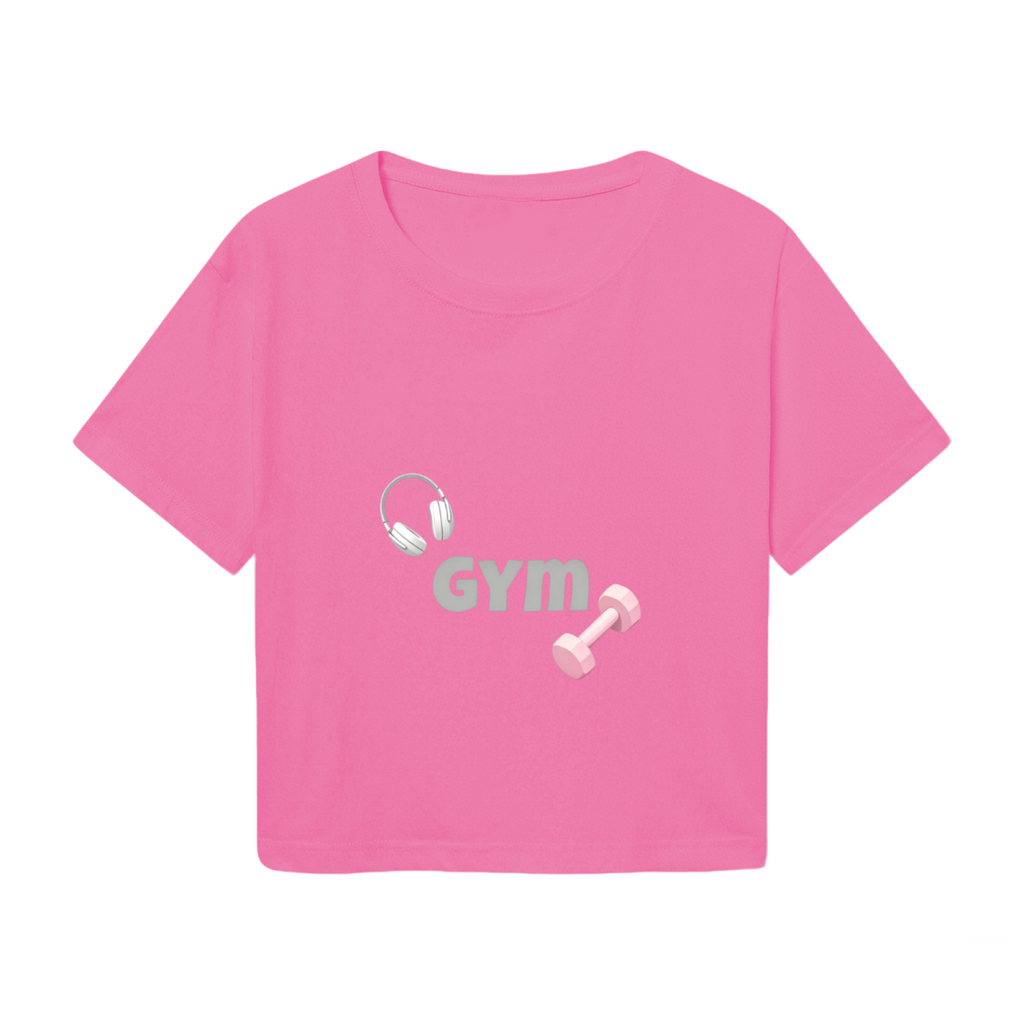 Cute Pink Fitness Crop Top With Gym Dumbbell & Headphone Graphics