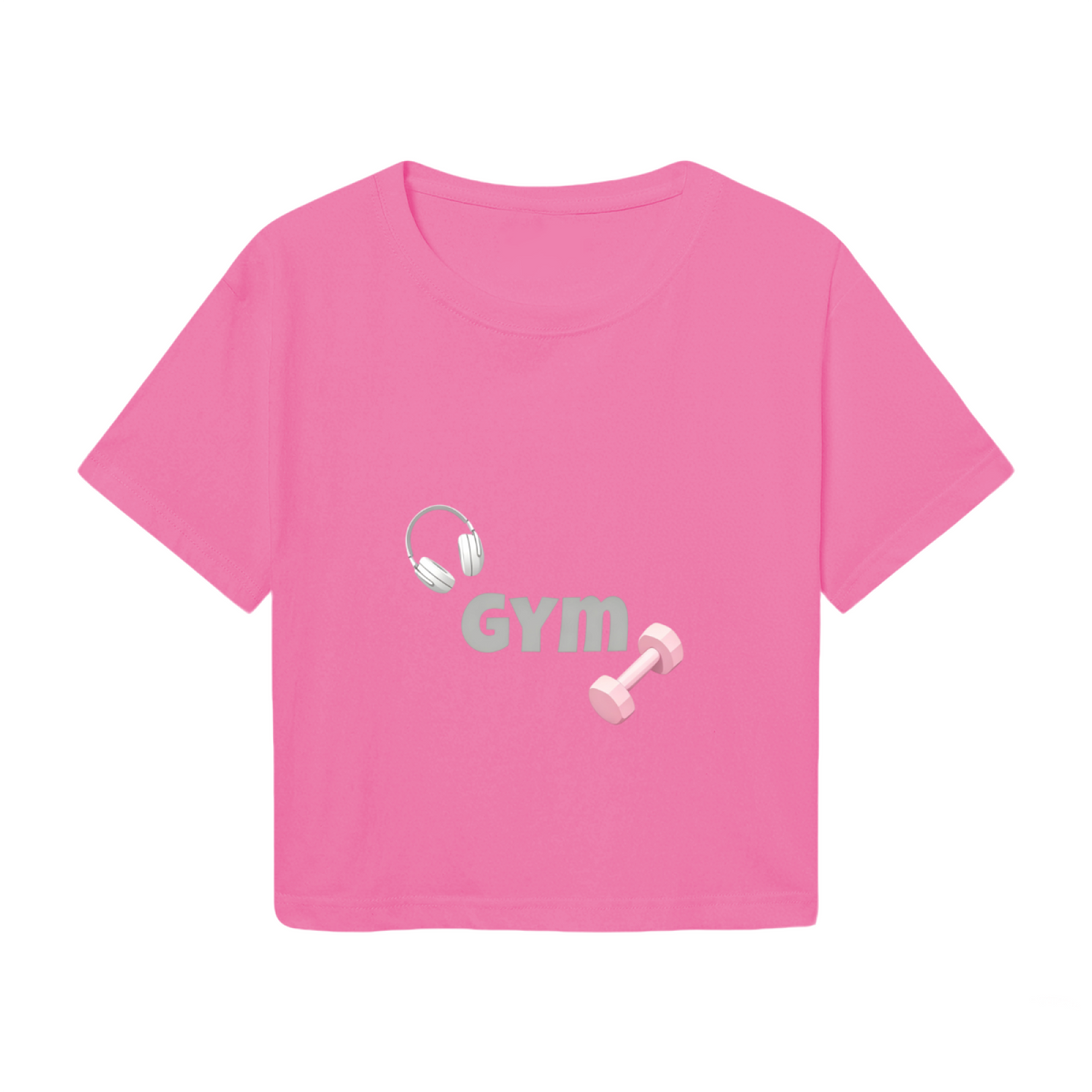 Cute Pink Fitness Crop Top With Gym Dumbbell & Headphone Graphics
