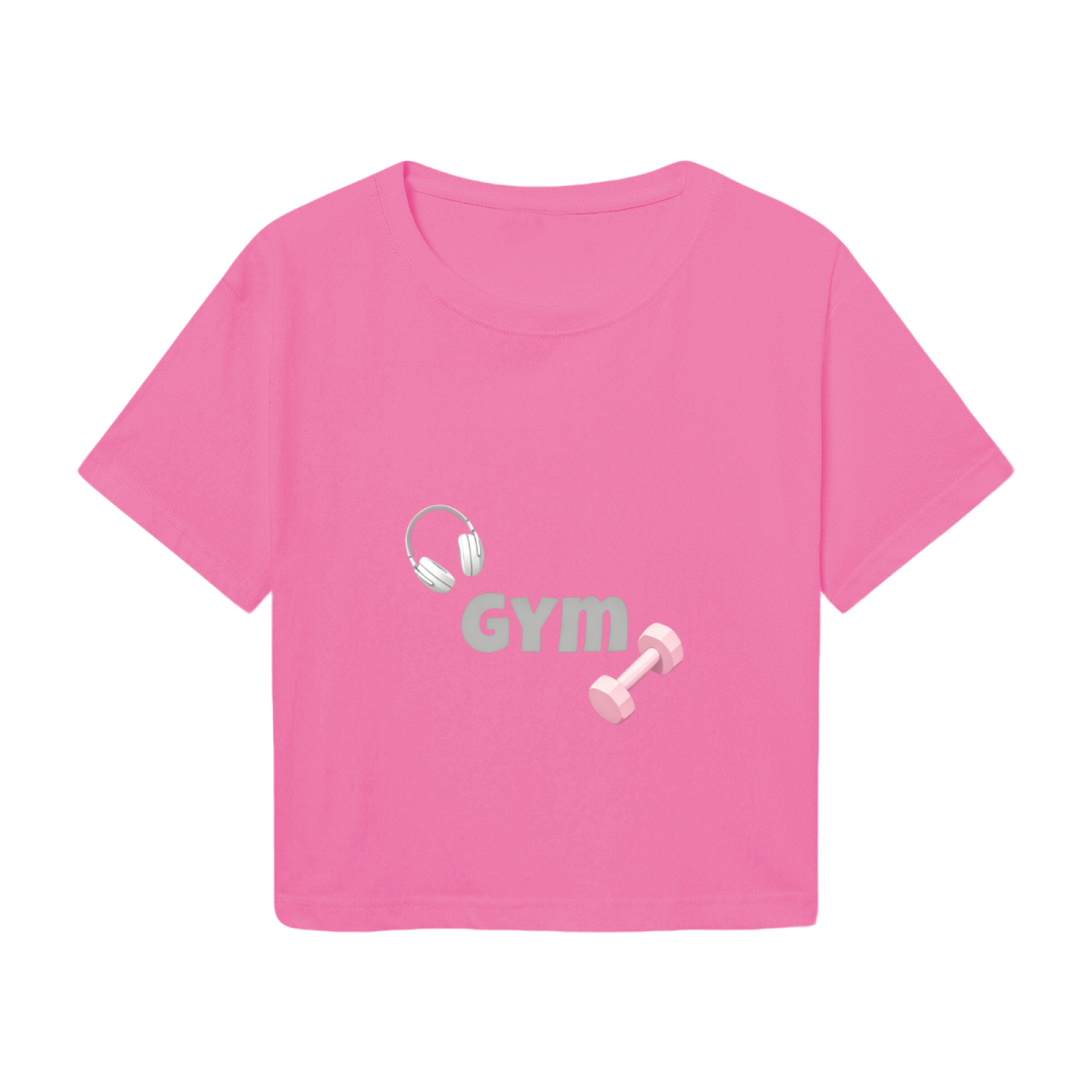 Cute Pink Fitness Crop Top With Gym Dumbbell & Headphone Graphics