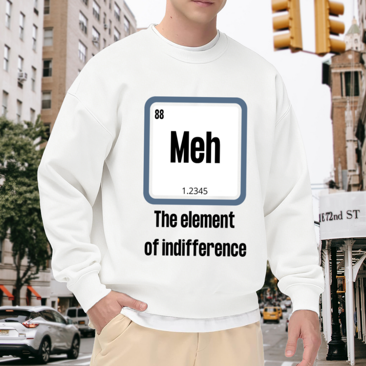 Meh The Element Of Indifference Periodic Table Crewneck Sweatshirt | Funny Science Chemistry Parody Pullover, Nerd Gift