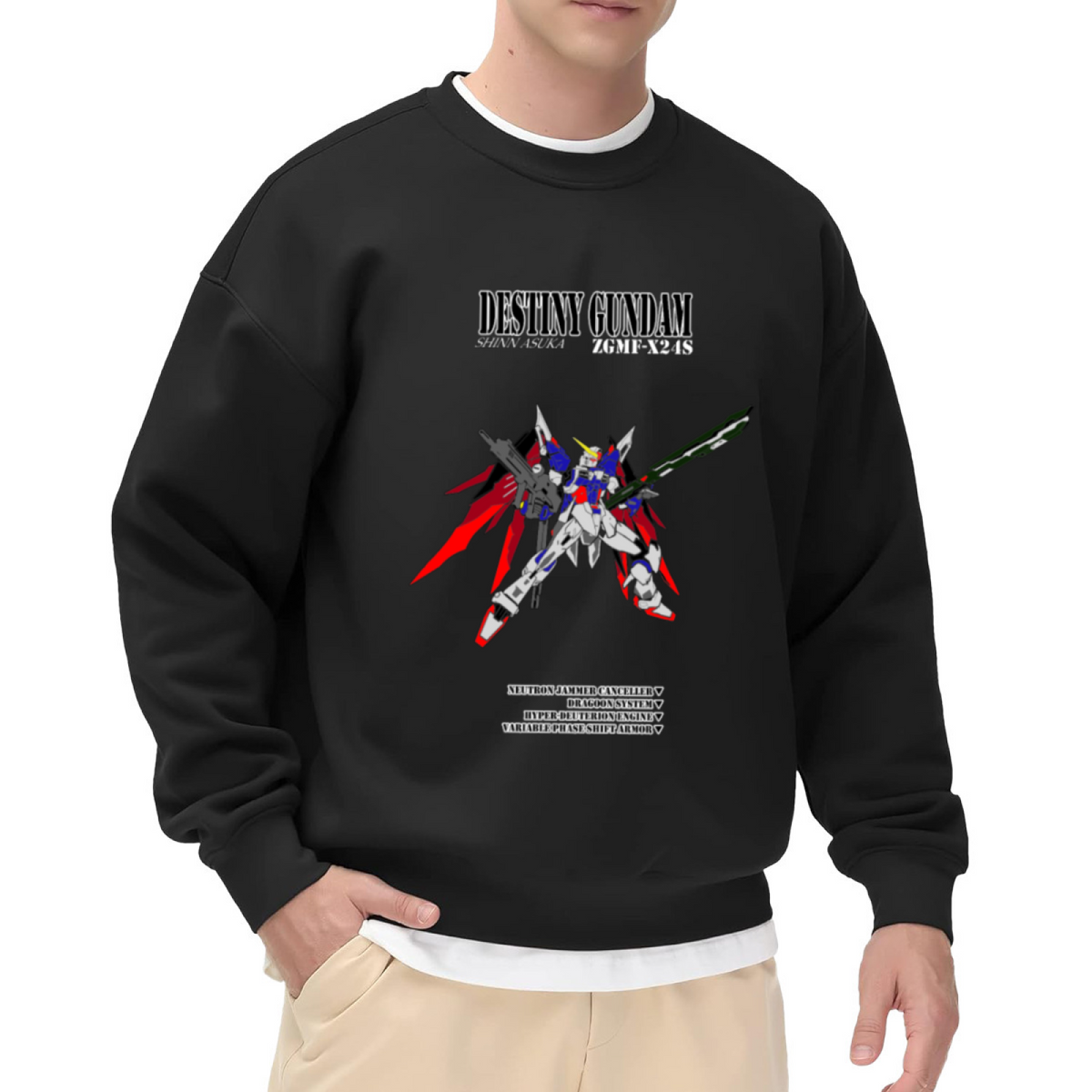 Destiny Gundam ZGMF-X24S Technical Blueprint Crewneck Sweatshirt, Shinn Asuka Mecha Anime Graphic Pullover, Robot Lover Gift Idea