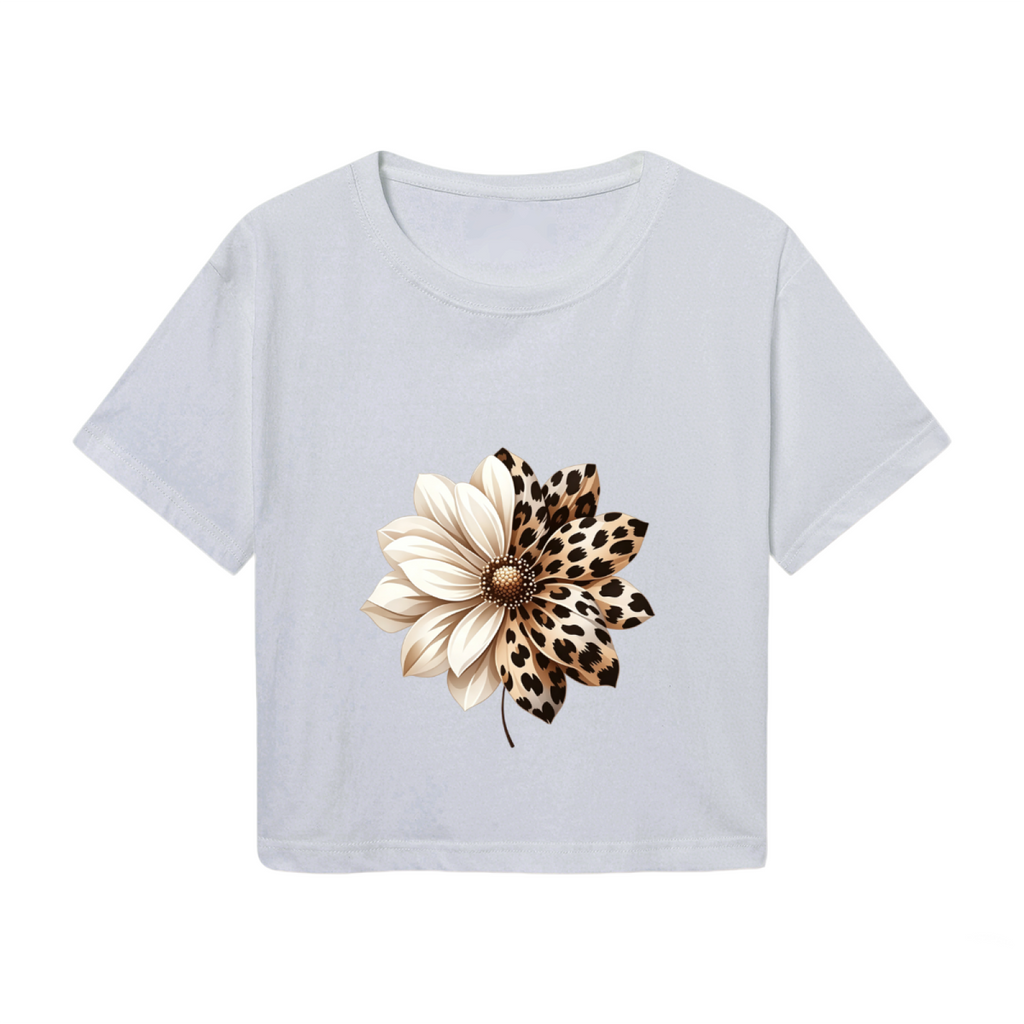 Boho Two-Tone Leopard Daisy Neutral Grey Crop Top
