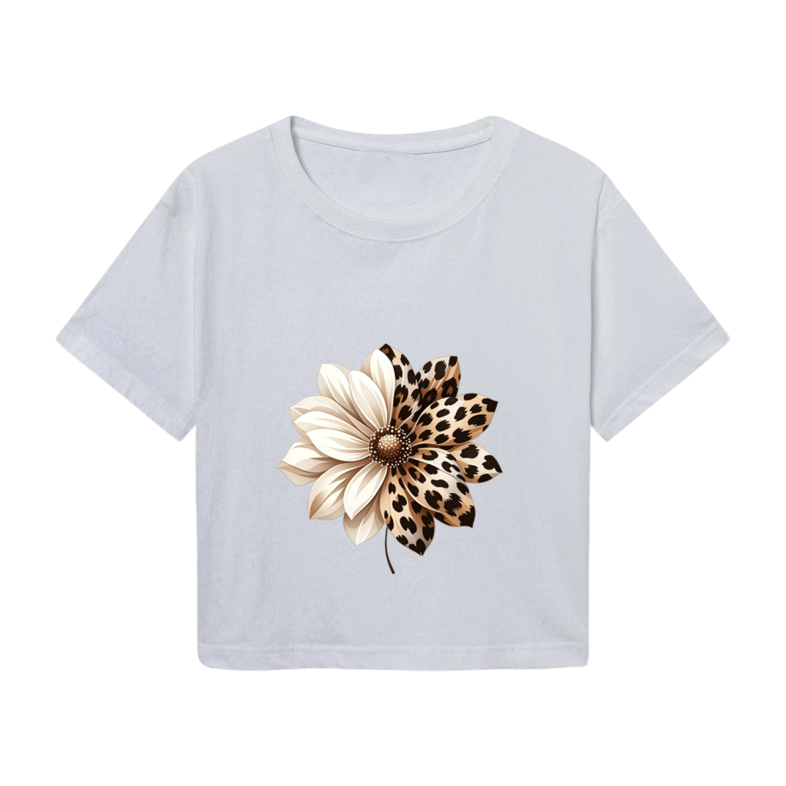 Boho Two-Tone Leopard Daisy Neutral Grey Crop Top
