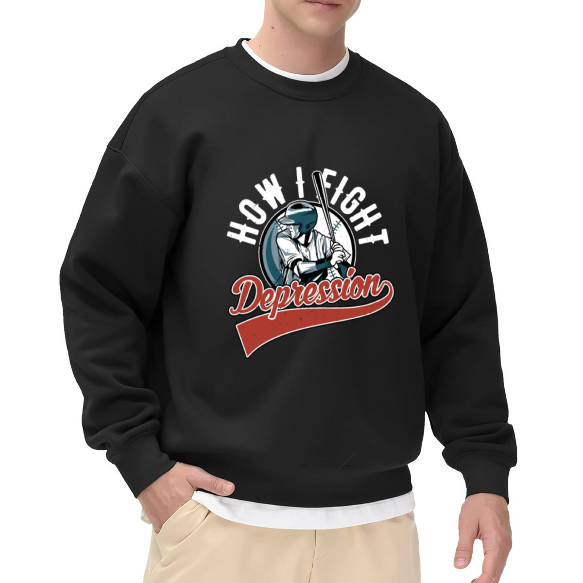 How I Fight Depression Baseball Mental Health Crewneck Sweatshirt | Retro Sports Crest Awareness Pullover, Encouragement Gift