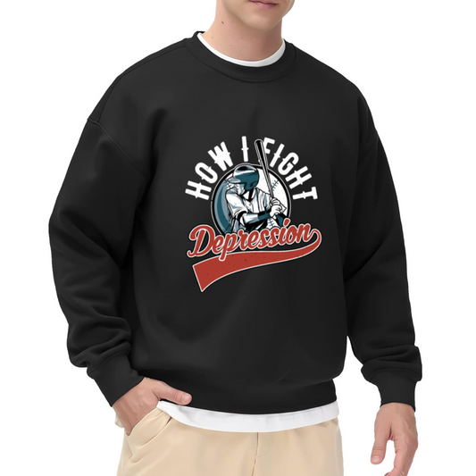 How I Fight Depression Baseball Mental Health Crewneck Sweatshirt | Retro Sports Crest Awareness Pullover, Encouragement Gift
