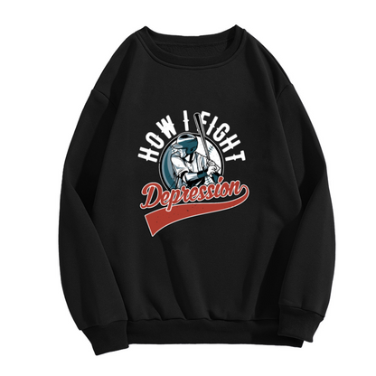 How I Fight Depression Baseball Mental Health Crewneck Sweatshirt | Retro Sports Crest Awareness Pullover, Encouragement Gift