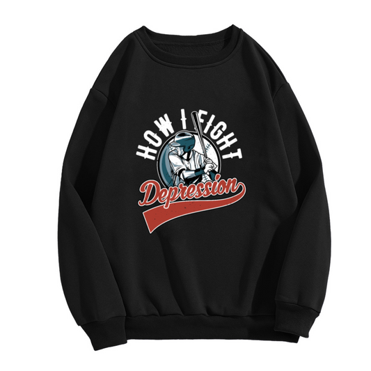 How I Fight Depression Baseball Mental Health Crewneck Sweatshirt | Retro Sports Crest Awareness Pullover, Encouragement Gift