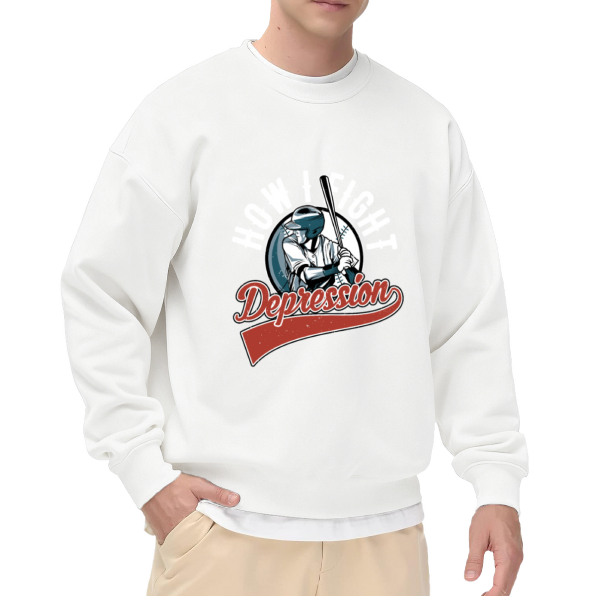 How I Fight Depression Baseball Mental Health Crewneck Sweatshirt | Retro Sports Crest Awareness Pullover, Encouragement Gift