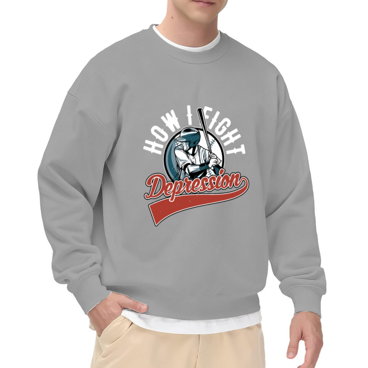 How I Fight Depression Baseball Mental Health Crewneck Sweatshirt | Retro Sports Crest Awareness Pullover, Encouragement Gift