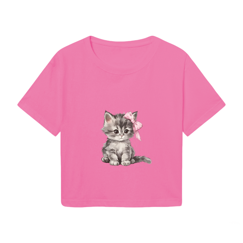 Fluffy Grey Kitten With Pink Bow Hot Pink Crop Top ¨C Sweet Girly Cat Graphic Tee